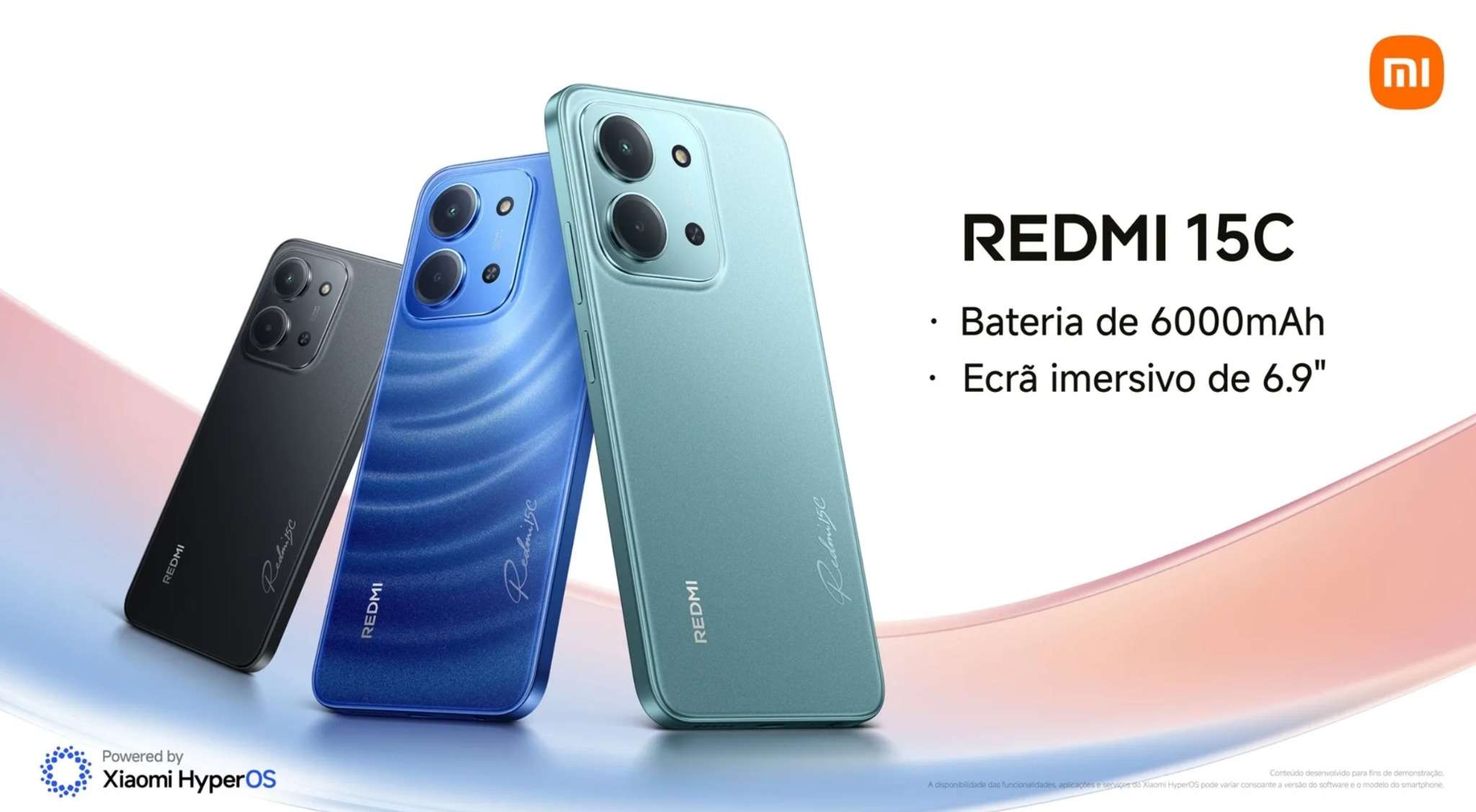 Xiaomi Redmi 15C 4G nas cores preto, azul e verde, com ecrã de 6.9 polegadas e bateria 6000mAh, à venda na loja Reparação Mobile em Portimão e online