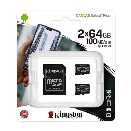 Kingston 2x 64GB Micro SDXC Canvas Select Plus Class10 UHS-I + Adaptador SDCS2/64GB-2P1A